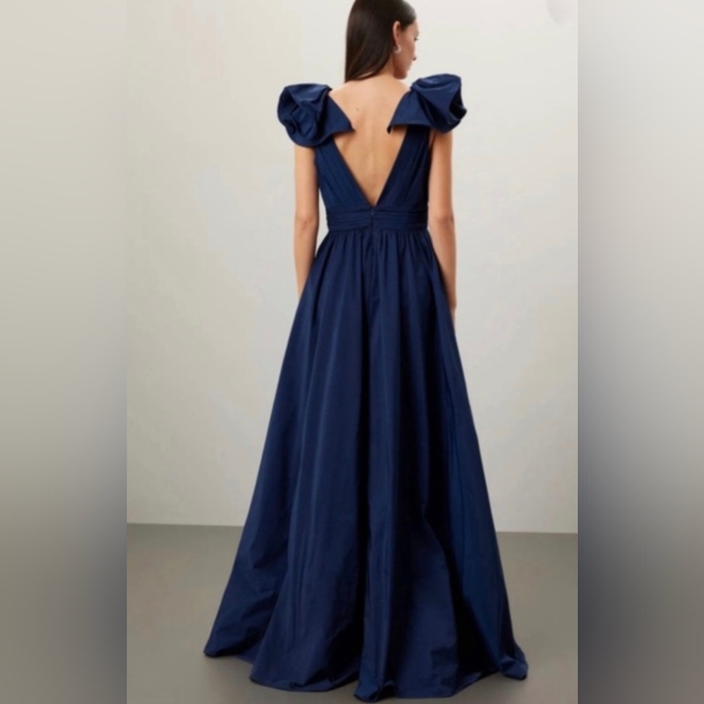 Marchesa Notte Bow Ruffle Taffeta Empire Ball Gown in Navy Size 10 - Picture 2 of 7